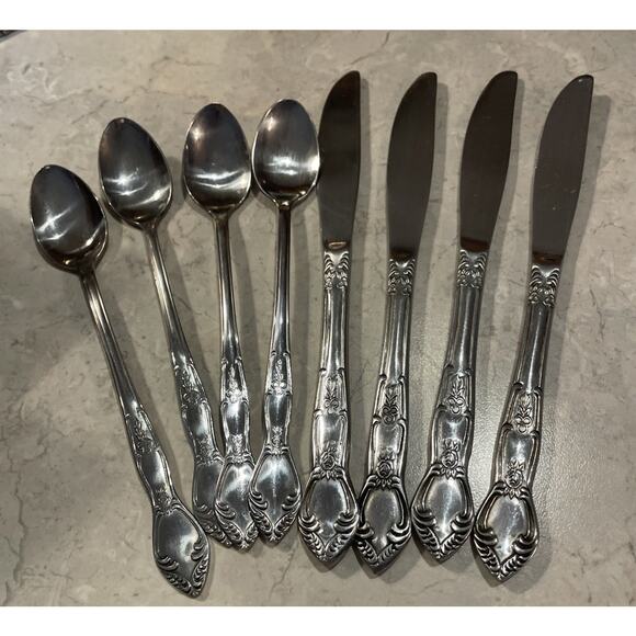 Vtg Orleanes Silver Stainless Korea Lot 4 Knives 4 Ice Tea Rose Pattern - Picture 1 of 6